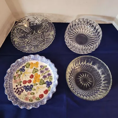 Ceramic Pie Dish & 3 Vtg Cut Crystal Bowls - Vtg Anchor Hocking Fan & Arch Fruit Dish, Gorham Althea