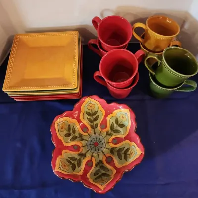 Pier 1 Stoneware Spice Route Dishes - 8 8-1/2" Square Plates, 8 Coffee Mugs, Floral Carynthum Bowl