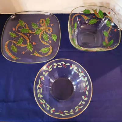 3 Holiday Serving Dishes - Lenox Holiday Plaid Ribbon Plate & Bowl, Berry Glass Bowl
