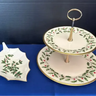 Lenox Holiday Fine Ivory China - 2-Tiered Server & Leaf Condiment Dish, Holly