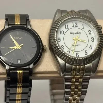 2 VTG Ladies Watches - Pulsar V782-0590 Black & Gold Date, Aqualite AWCFE 27100A Two Tone