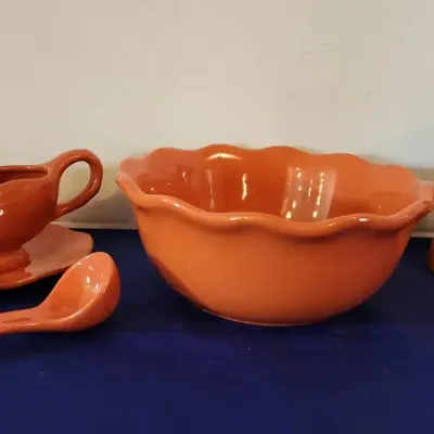 Better Homes & Gardens 5 Pc Orange Glazed Stoneware Serving Set - 10" Dia Bowl, Pitcher, Gravy Boat