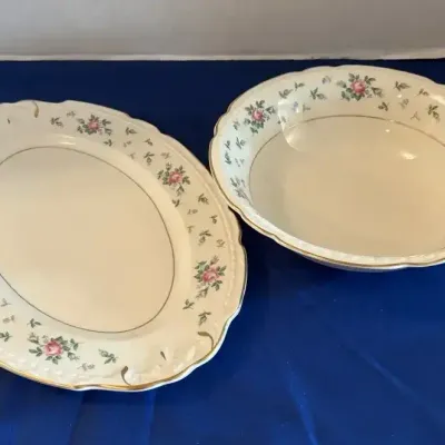 Princess Emcraft USA Briar Rose - Serving Bowl & Platter, Pink & Green Floral, Scallop Edge