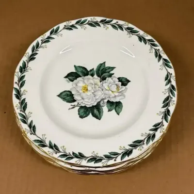 Royal Albert Bone China Lady Claire - 8 Dessert Plates, England, White Floral, Green Leaves