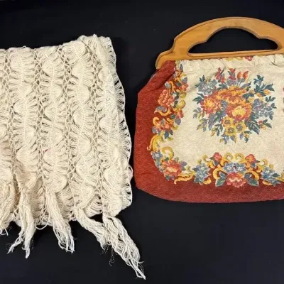 Vintage Ladies Accessories - Fabric Tapestry Clutch Purse With Wood Handle, Cream Wool Scarf 