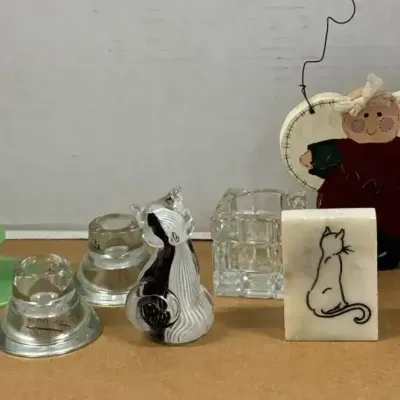 Candle Decor - Glass Candle Holders, Door Wood Hanger, Glass & Stone Cat Decor