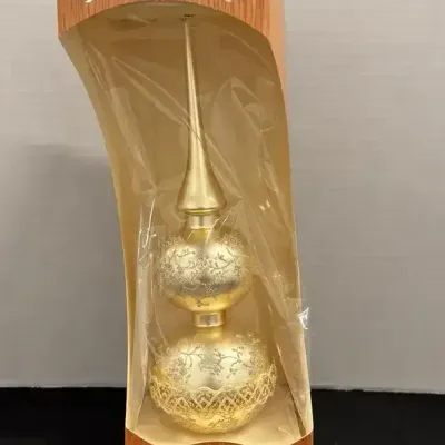 VTG German Blown Glass Tree Topper - Krebs Glas Lauscha, Gold, Glitter, Finial