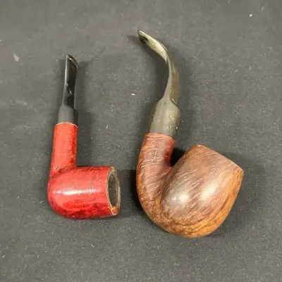 2 VTG Brair Wood Tobacco Smoking Pipes - Bent Poker Style, Red Straight