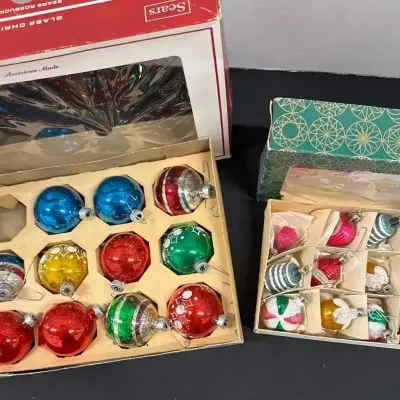 VTG Glass Ornaments - Sears, Colorful Round Bulbs, Decorative Shapes
