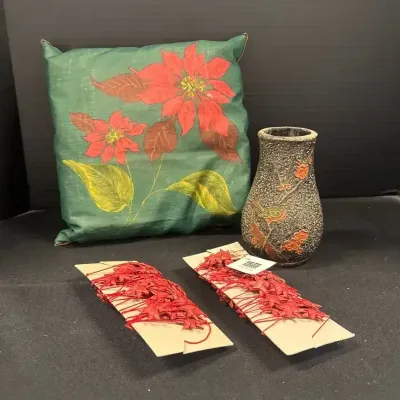 Floral Vintage Decor - Poinsettias Pillow, Cherry Blossom Vase, Paper Star Garland