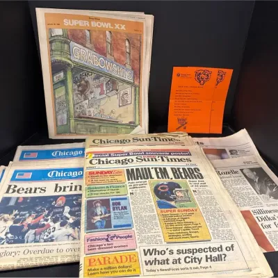 Chicago Bears Super Bowl XX Memorabilia - Tribune, Sun-Times Newspapers, Heart Association Chant