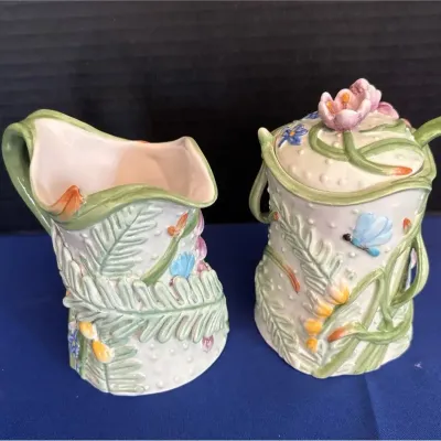 Vintage Fitz and Floyd Classics Creamer & Sugar - Woodlands, Spring, Fern, Lidded With Spoon