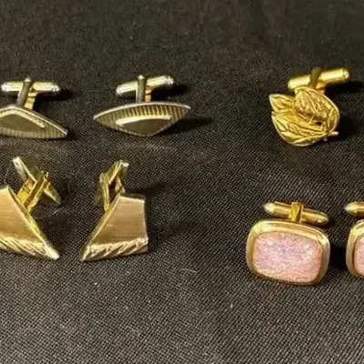 VTG Cufflinks & Studs - Gold Tone, Correct Pink Opal, Leaf, Square