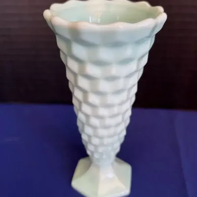 Vintage Fenton Katy Blue Opaque Glass Diamond Point Flared Vase - Hexagon Base