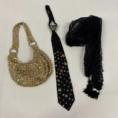 Ladies Night Out - Gold Sequined Fashion Handbag, Colored Rhinestone Black Tie, Black Lace Scarf