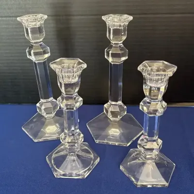 Vintage Clear Glass Hexagonal Candlesticks - 2 Pair