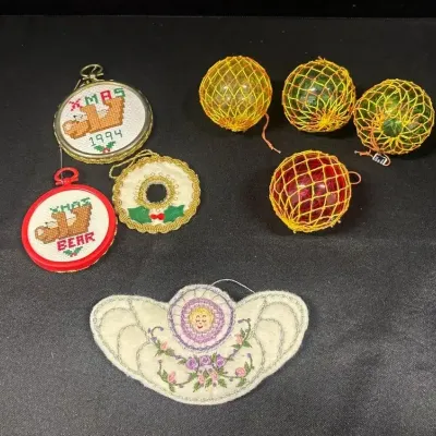Vintage Christmas - Cross Stitch, Bears, Quilted Ornament, Angel,Japanese Glass Ornaments 