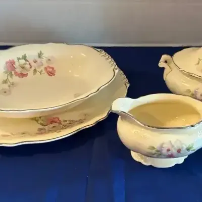 5 Homer Laughlin Virginia Rose Serving Pieces - Platter, Dish, Cream & Sugar