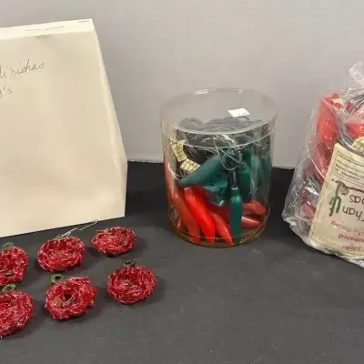 Chili Pepper Christmas - 2 Sets Light Strings, 6 Glass Wreath Ornaments, Southwest Decor, Holiday
