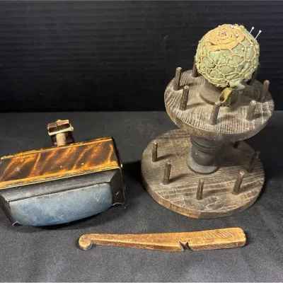 Antique Victorian Sewing Notions - Spool Carousel, Clamp With Pincushion, Netting Needle / Shuttle