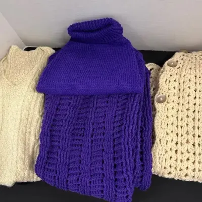 Women’s Clothing - 1 Cream Sweater Dress, Crocheted Cream Shawl, Purple Crocheted Skirt & Top