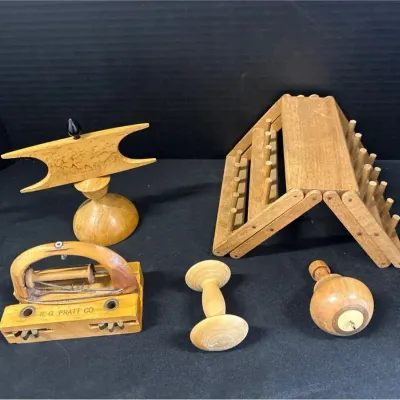 Antique Wooden Textile Tools - R.G. Pratt Loom Shuttle, Spool Winder, Spindle Rack