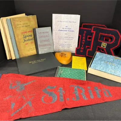 VTG St. Rita High School Chicago Memorabilia - 1950s-1960s, Pennant, Patches, Handbook, Ephemera