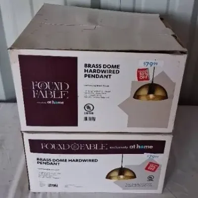 Two boxed Found & Fable brass dome hardwired pendant light fixtures.