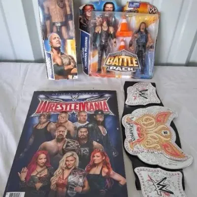 Collection of WWE merchandise, including packaged Roman Reigns and Kane Battle Pack action figures, a packaged The Rock figure, a...