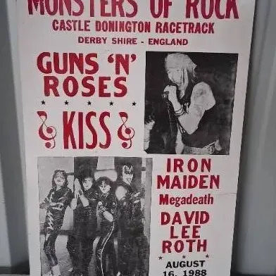 Vintage Monsters of Rock concert poster for the August 16, 1988 show at Castle Donington, featuring Guns N' Roses, Kiss, Iron...