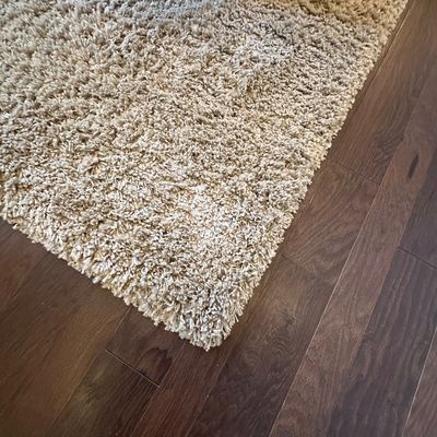 Sale Photo Thumbnail #77: Plush beige shag area rug resting on dark hardwood flooring.