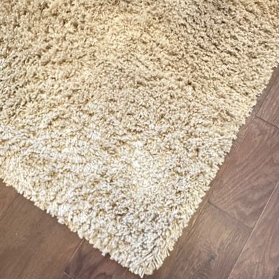 Sale Photo Thumbnail #115: Thick beige shag area rug resting on wood-look flooring.