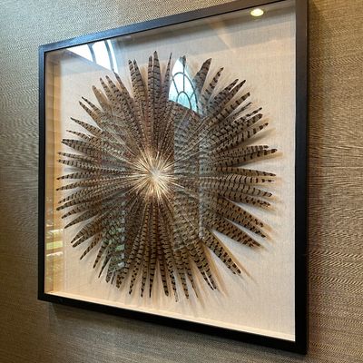 Sale Photo Thumbnail #108: Framed shadowbox wall art featuring a starburst arrangement of natural patterned feathers on a linen backing.