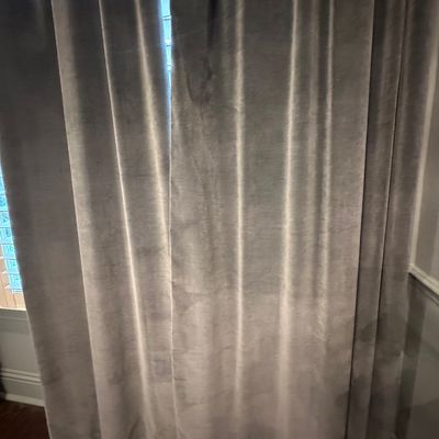 Sale Photo Thumbnail #103: Pair of full-length plush grey velvet floor drapes in good condition.