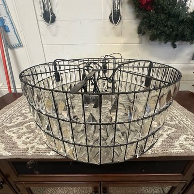 Sale Photo Thumbnail #96: Modern industrial-style crystal prism drum chandelier with a black metal frame.