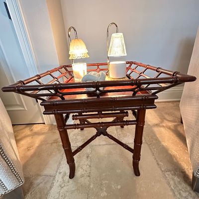 Sale Photo Thumbnail #32: Faux bamboo carved wood side table featuring an open fretwork gallery tray top and cross-braced legs.