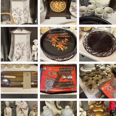 Sale Photo Thumbnail #7: Grid photo showing various home goods and collectibles, including crackle-glazed ginger jars, a small mantle clock, Asian-style barware sets, and ceramic figurines.