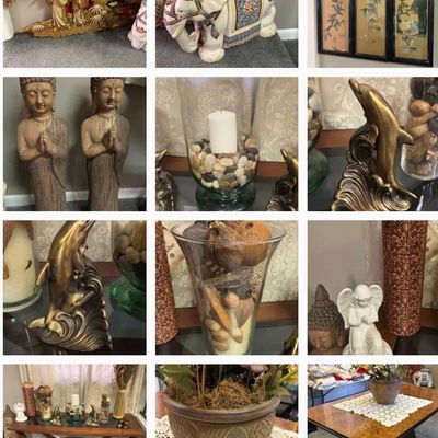 Sale Photo Thumbnail #6: Collage of Asian-inspired home decor including Buddha statues, ceramic elephant garden seat, wall art, brass dolphin sculptures, and tables.