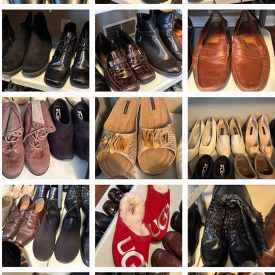 Sale Photo Thumbnail #12: Photo collage displaying a variety of men's and women's footwear, including boots, loafers, sandals, and UGG slippers.