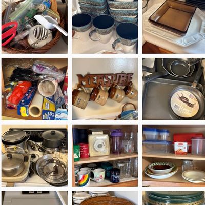 Sale Photo Thumbnail #5: Grid composite photo displaying various kitchenware items including cookware, ceramic mugs, bakeware, food storage containers, and small kitchen appliances.