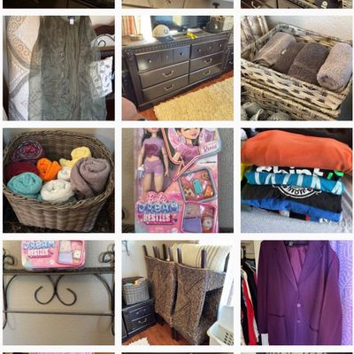 Sale Photo Thumbnail #11: Grid photo collage showing various household items for sale, including towels in woven baskets, clothing, furniture, and a Barbie Dream Besties doll.