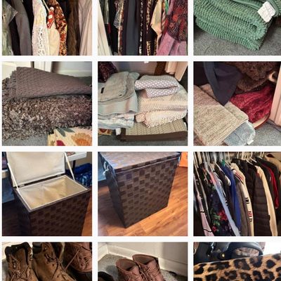 Sale Photo Thumbnail #9: Photo grid displaying household items, including closet clothing, folded bath mats and blankets, a woven hamper, boots, and a leopard print purse.