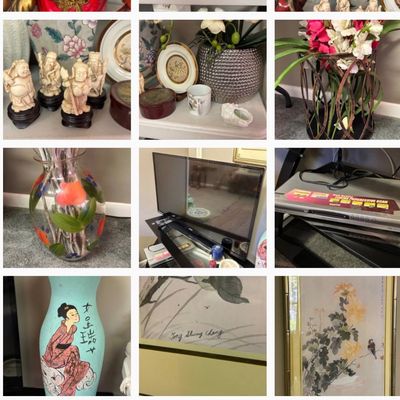 Sale Photo Thumbnail #8: Photo collage featuring Asian decorative art, carved figurines, floral vases, a flat-screen TV, and electronics.