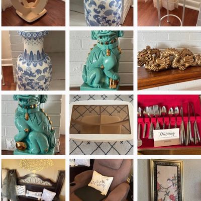 Sale Photo Thumbnail #3: Photo collage featuring Asian-inspired decor, turquoise foo dogs, blue and white porcelain vases, accent furniture, and an Oneida silverware set.