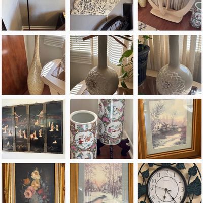 Sale Photo Thumbnail #4: Photo collage featuring home decor items including framed artwork, Chinese Famille Rose porcelain umbrella stands, decorative vases, and a wrought iron wall clock.