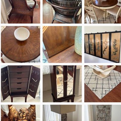 Sale Photo Thumbnail #2: Photo grid showcasing various home furnishings, including dark wicker armchairs, a round dining set, a standing jewelry armoire, Asian-inspired artwork, and home decor items.