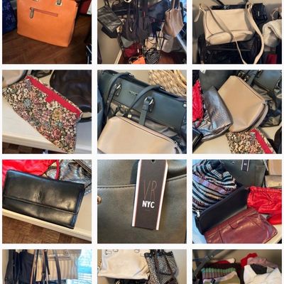 Sale Photo Thumbnail #10: Grid composite showcasing a large collection of women's handbags, totes, clutches, and wallets in various colors and materials.