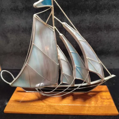 Vintage Stained Glass & Leaded Metal Sailboat Sculpture on Wood Base