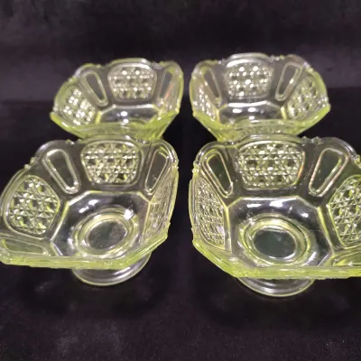 Four Antique "Mikado" Vaseline Glass Footed Berry Bowls - c. 1885