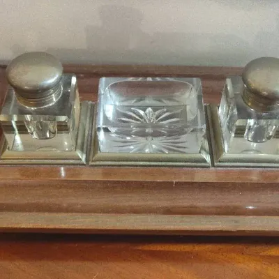 Vintage Mahogany Double Inkwell Stand with Glass Reservoirs
